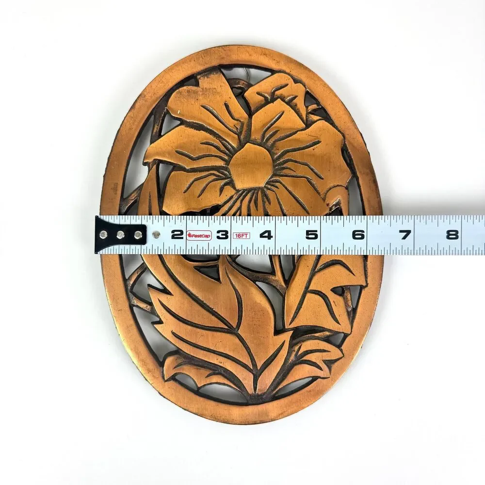 Vintage 80’s Floral Cast Iron Trivet Wall Hanging / Copper Brushed Finish